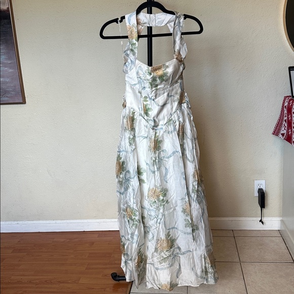 House of CB Minerva Soft Blue Vintage Ribbon Print Chiffon Midi Sundress Size XS - Picture 4 of 10